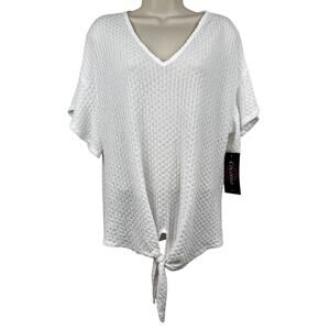 NEW Cocomo Blouse Top Knit Textured Flutter Sleeve Front Tie Semi Sheer White Lg